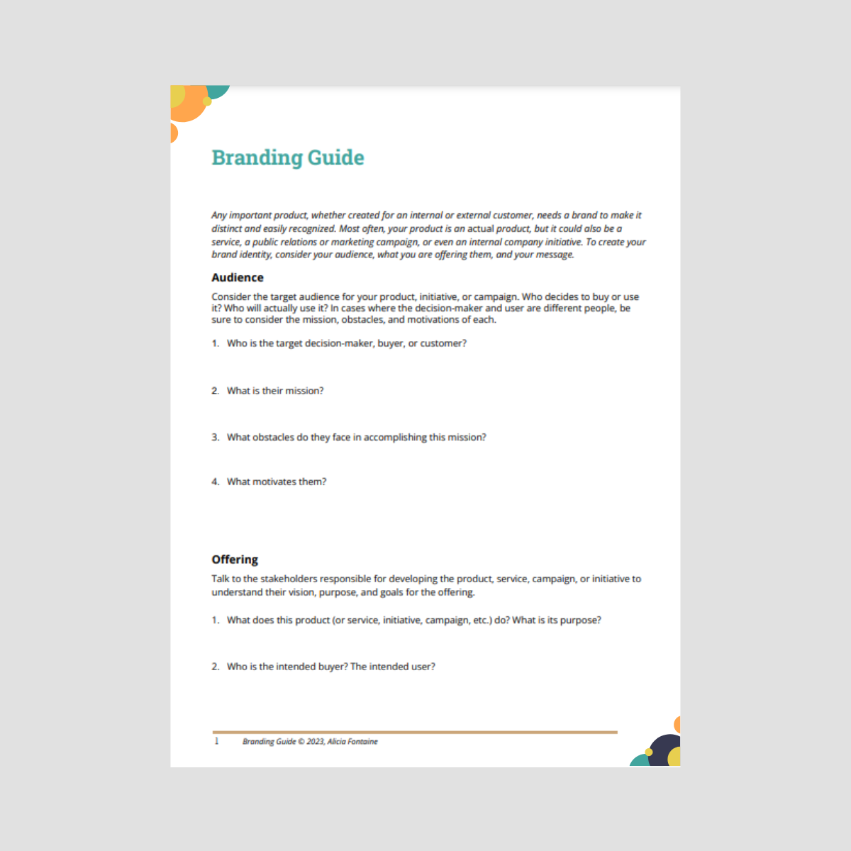 Page from a branding guide with a white background, teal title, and colorful decorative shapes in the top left and bottom right corners.