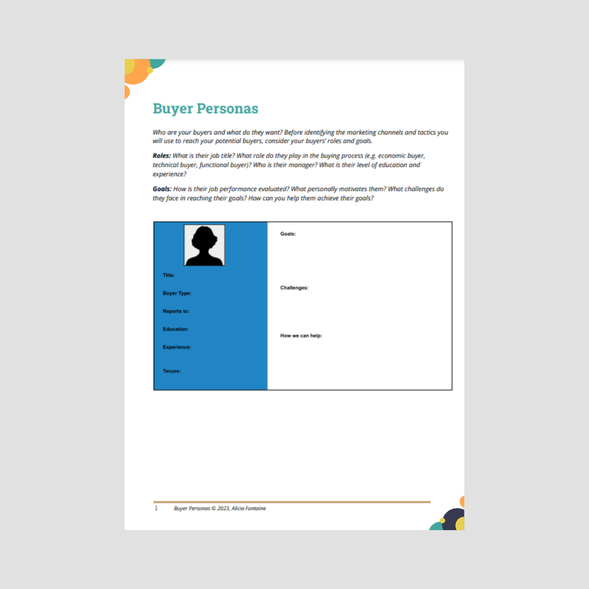 A form titled 'Buyer Personas' with sections for creating buyer profiles, including headshot placeholder, and fields for title, buyer type, reports to, education, experience, tenure, goals, challenges, and how to help. The top of the form provides guidelines for understanding buyers' roles, goals, and motivations.