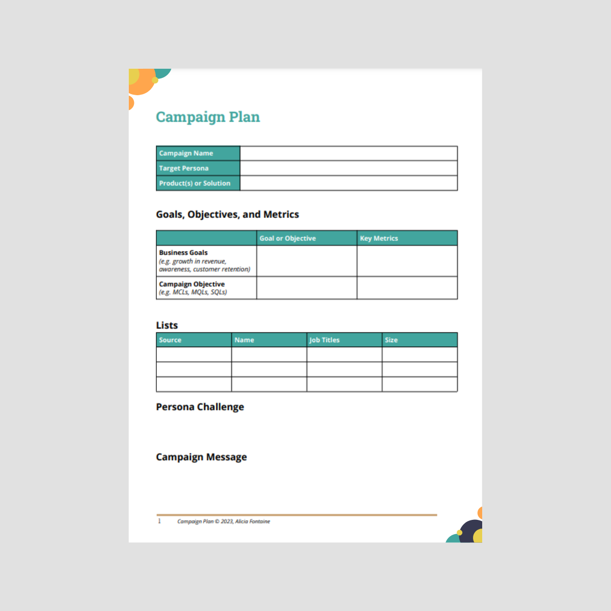 A campaign planning worksheet with sections for campaign information, goals, objectives, key metrics, lists of contacts, persona challenge, and campaign message. The page features a colorful decorative corner.