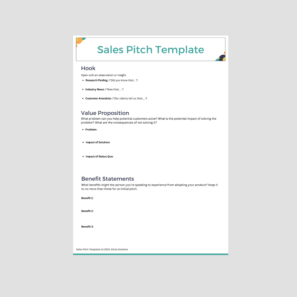 A sales pitch template document with sections on hook, value proposition, and benefit statements, used for creating sales presentations.