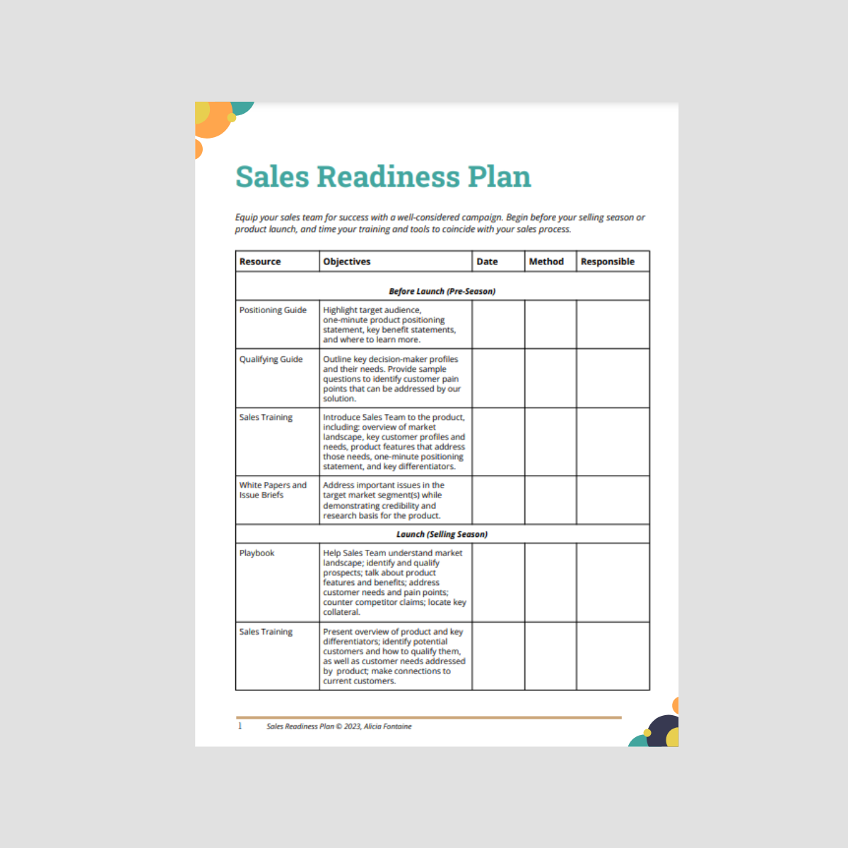 Sales Readiness Plan document with sections for pre-season and selling season training, including guides, training, and briefs, displayed in a table format.
